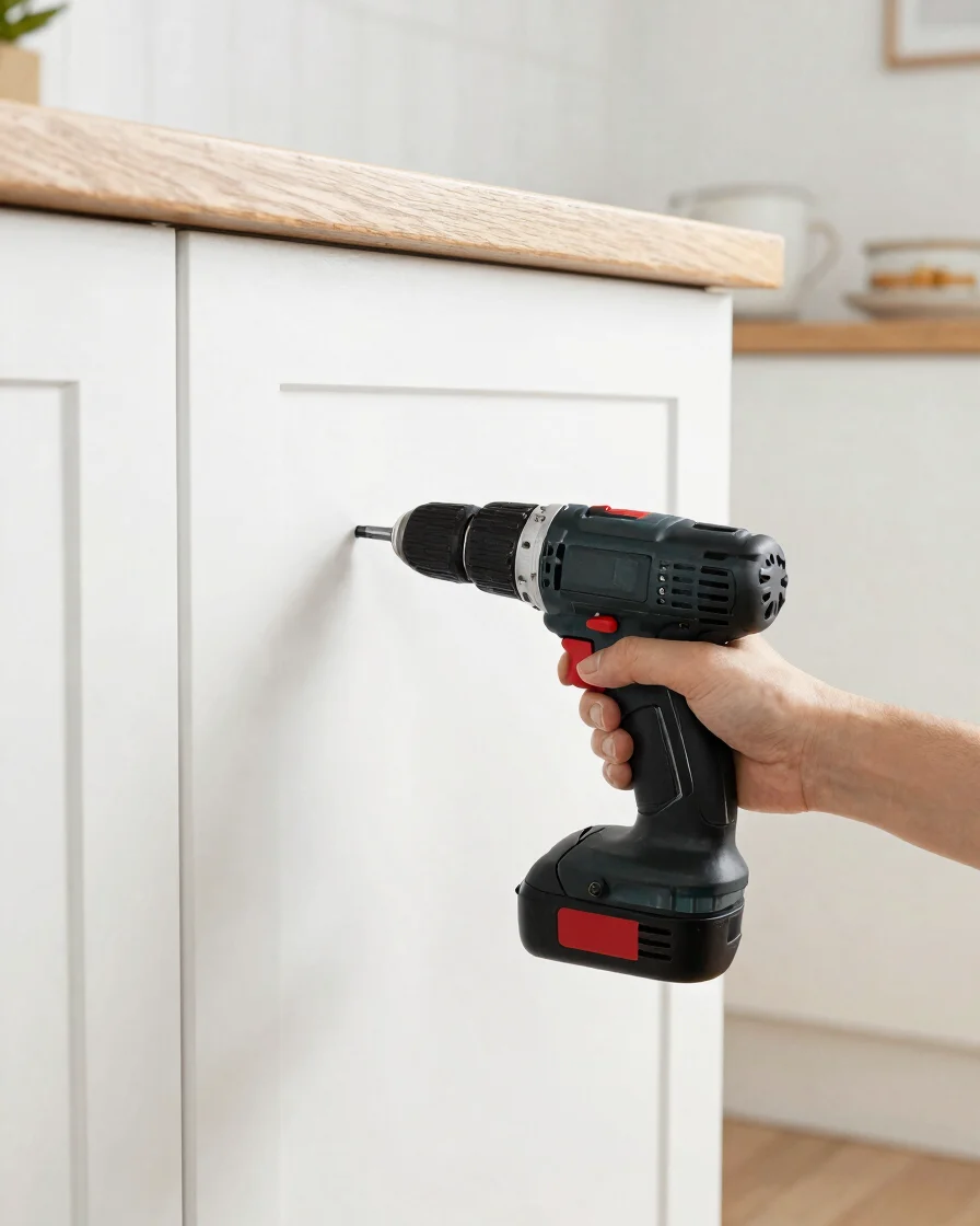 Close view of hands using a power drill on a kitchen cabinet in a